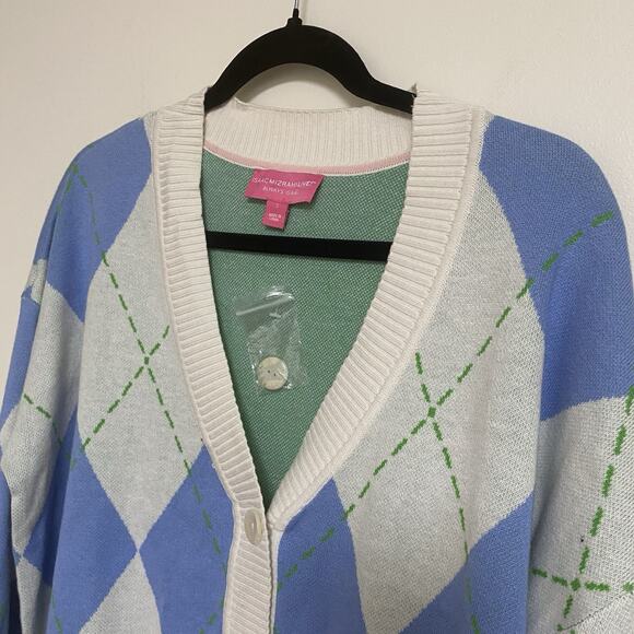 Isaac Mizrahi Live Always Isaac Womens S Argyle Cardigan Sweater Blue Green NWOT - Picture 2 of 6